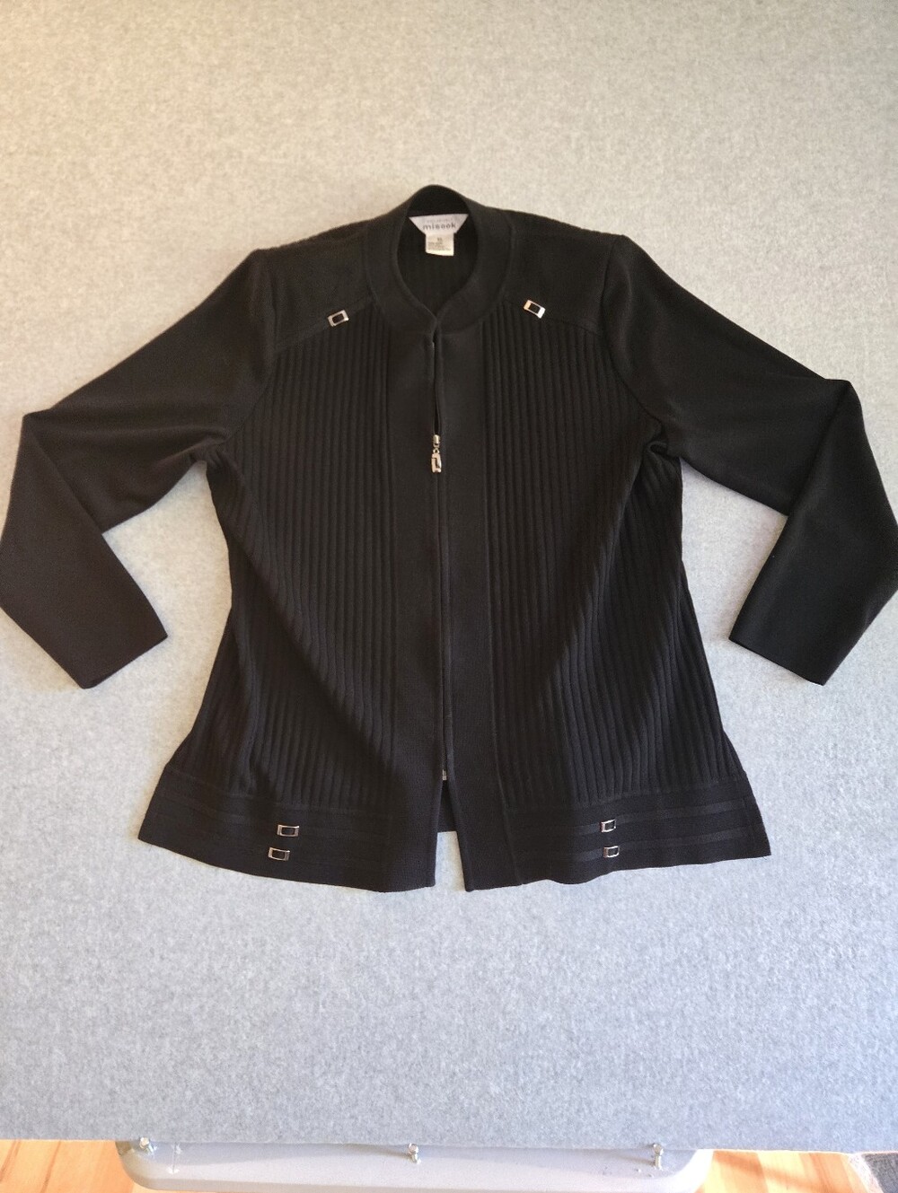 Exclusively Misook Black Ribbed Knit Semi Sheer Zip Cardigan Sweater XL Vintage
